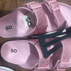SO Pink Glitter Double-Strap Buckle Slides